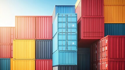Fototapeta premium Stacked shipping containers in various colors, representing global trade and connectivity.