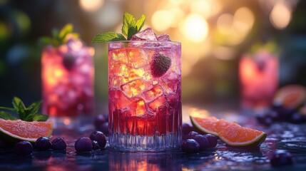 Blurred tropical cocktail glasses with vibrant colors, ideal for summer or party themes.