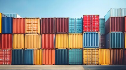 Obraz premium Stacked shipping containers in various colors, representing global trade and connectivity.