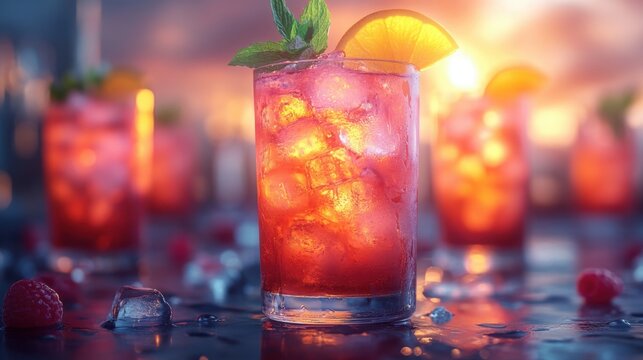 Blurred tropical cocktail glasses with vibrant colors, ideal for summer or party themes.