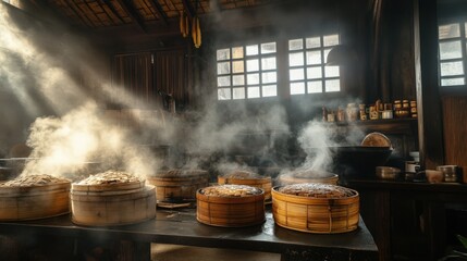 Steaming Bamboo Food Steamers In Rustic Kitchen