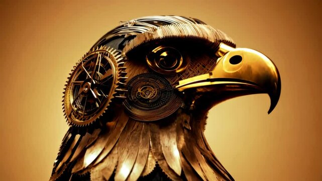 Steampunk eagle head sculpture with intricate gears and metallic details against a gold background. Close-up view of a mechanical bird of prey