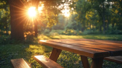 Naklejka premium Outdoor picnic table under bright sunlight with blurred effect