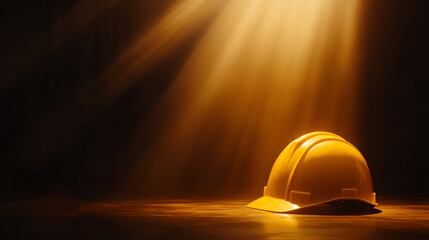 A bright yellow hard hat illuminated by dramatic lighting in a dark setting.