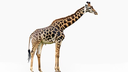 Obraz premium Full Body Side View of a Giraffe with Dark Spots Against White Background
