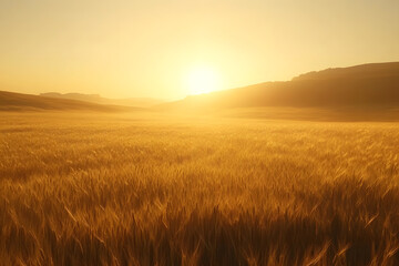 Obraz premium A golden wheat field stretching into the distance, bathed in the warm, soft glow of the first sunlight