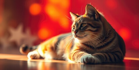 A delightful cat stretches leisurely on the floor, soaking up warm light that fills the room with a cozy essence, creating a serene afternoon vibe filled with tranquility