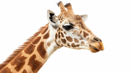 Naklejka premium Giraffe Side Profile Close Up with Spotted Fur Against White Background