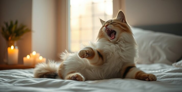 A playful cat is lounging on a soft bed, stretching and yawning widely, embracing the warmth of a soothing, golden afternoon light filtering through the window