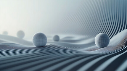 A series of white spheres are floating on a wave of black and white lines