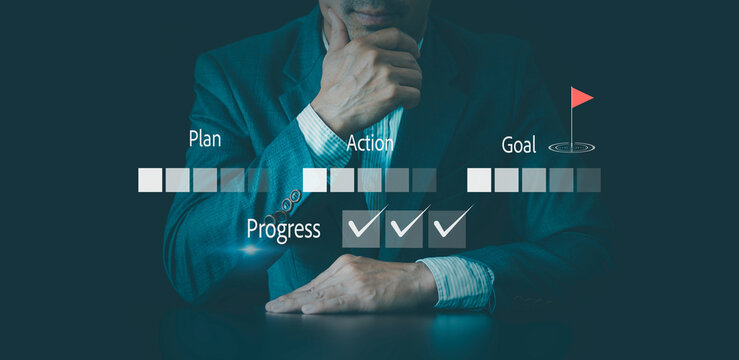 Steps to goal achieved progress concept. achievement process.Checklist, Workflow Process for Quality Assurance completion, Business action plan, Management, and tracking strategies - Powered by Adobe