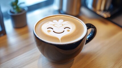 Latte art showing a smiling face is bringing happiness in a coffee cup