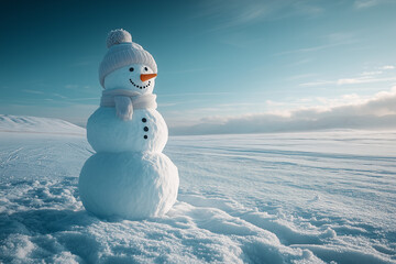 Fototapeta premium A simple snowman with no hat or scarf, placed in a vast, snowy landscape with clear skies and a sense of vastness and tranquility.