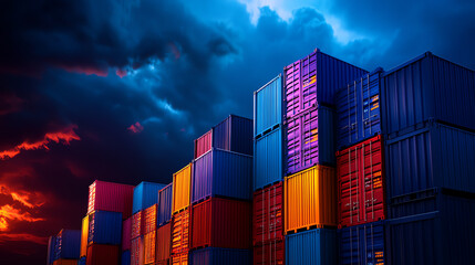 Fototapeta premium Colorful shipping containers stacked dramatically against a moody sky at twilight.