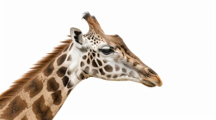Naklejka premium Giraffe Side Profile with Detailed Spots Against White Background