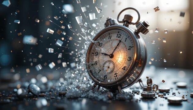 A vintage alarm clock exploding into pieces, with metal shards and clock parts flying everywhere