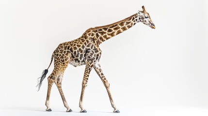 Obraz premium Giraffe Walking Gracefully in Side Profile Against White Background