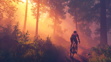 Fototapeta premium A man is riding a bicycle in a forest with the sun shining through the trees