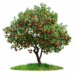 Lush apple tree bearing numerous ripe red apples, thriving on a vibrant green grass patch, isolated on white