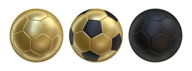 3d soccer balls icons Gold and black color. 3d vector render Symbol or emblem football . Vector illustration