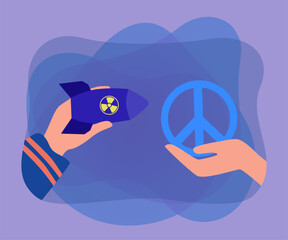 Hands holding nuclear bomb and peace symbol. Person offering peace instead of fighting flat vector illustration. War, conflict, diplomacy concept for banner, website design or landing web page
