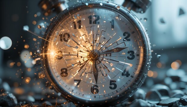 An exploding alarm clock with shattered glass and sparks flying