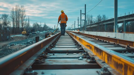 Fototapeta premium Worker Walking on Construction Site with Train Tracks Under Overcast Sky