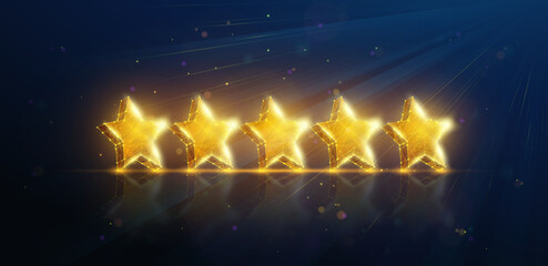 Abstract illustration of five low poly gold stars rating under light rays. Blue geometric background depicting award nomination for excellent customer service concept by wireframe mesh