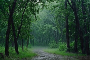 Fototapeta premium Rainy Day in a Lush Green Forest Path