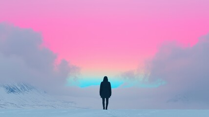 Serene Winter Landscape Person Mountains Iridescent Clouds