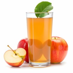 Refreshing apple juice in a glass, accompanied by ripe red apples and a sliced apple, creating a healthy and delicious image