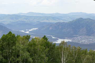 Fototapeta premium Beautiful view from Sinyukha mountain of Manzherok village. Manzherok village, Altai republic, Russia