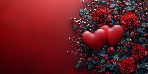 Obraz premium Happy Valentines Day background with red roses and heart shaped decorations, 14th February Valentines Day wishes with romantic roses and love, Valentine's Day greeting card, Romantic Background.