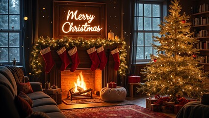 Classic fireplace with stockings and Merry Christmas text