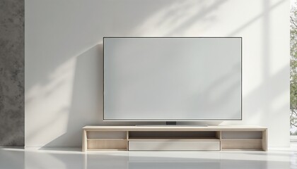 Fototapeta premium Blank screen TV on modern wooden stand in bright minimalist living room, mockup