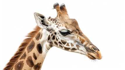 Naklejka premium Close Up Side Profile of a Giraffe Head Against White Background