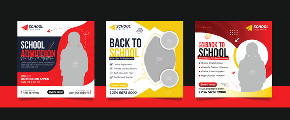 back to school admission social media post set, higher education promotion square flyer web banner study abroad template design.