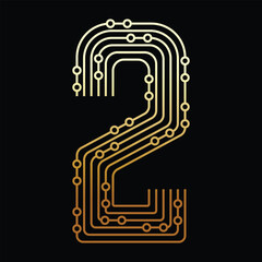 Golden Number Two Made of Circuit Board on Black Background