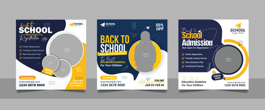 back to school admission social media post set, higher education promotion square flyer web banner study abroad template design.
