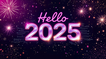 Festive Hello 2025 New Year's Eve Fireworks with Circuitry Design a background