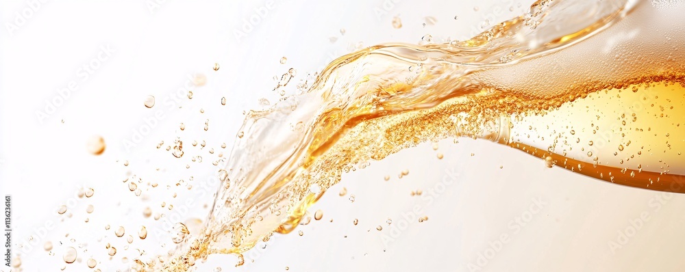 Poster golden splashing liquid with bubbles on white background