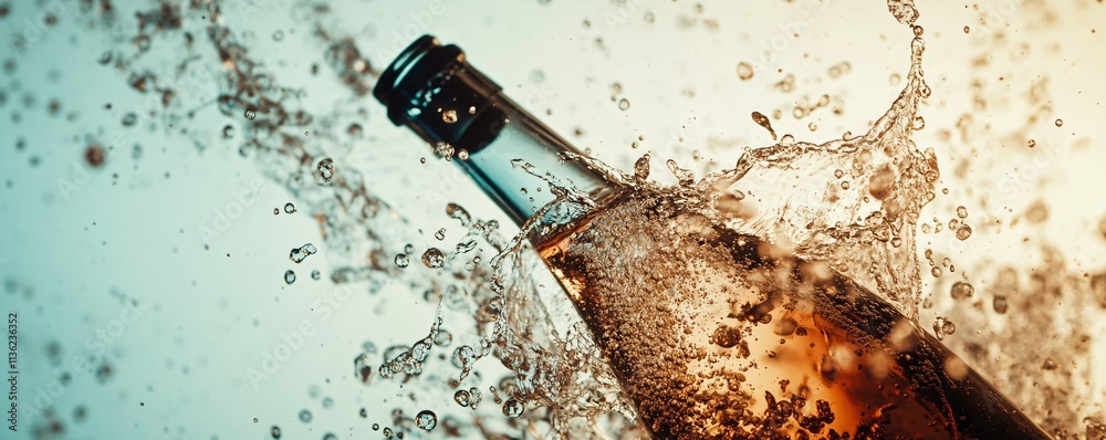 Poster Sparkling wine bottle splashing refreshing beverage