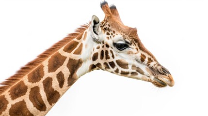 Close Up Side Profile of a Giraffe with Spotted Pattern Against White Background