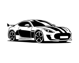 Black and White Illustration of a Sleek Sports Car with Racing Stripes