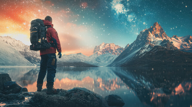 Explorer Mindset: A Person Standing on a Rock Gazing at a Majestic Mountain Lake Surrounded by Lush Wilderness in Perfect Natural Light with Inspiring Perspective for Adventurous Souls
