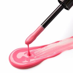 Pink nail polish dripping from the brush forming a puddle on white background