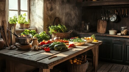 Rustic Kitchen Table Displaying Fresh Vegetables and Herbs