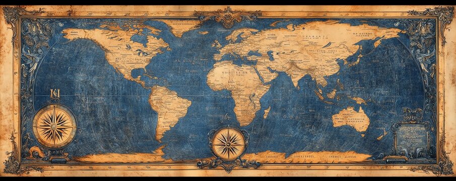 Vintageinspired world map with a blue color scheme, aged paper texture, artistic compass rose, detailed continents, decorative borders