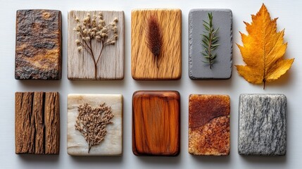 Natural Textures and Patterns Showcased on Wooden Boards with Wildflowers, Leaves, and Natural Elements for Artistic Inspiration and Eco-Friendly Design