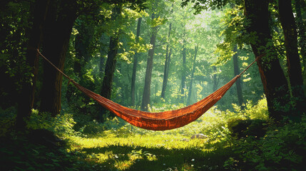 Relaxing Hammock in Lush Forest, Nature Escape, Tranquil Outdoor Retreat, Cozy Relaxation Spot, Perfect for Camping and Leisure, Surrounded by Greenery and Serenity, Ideal for Nature Lovers